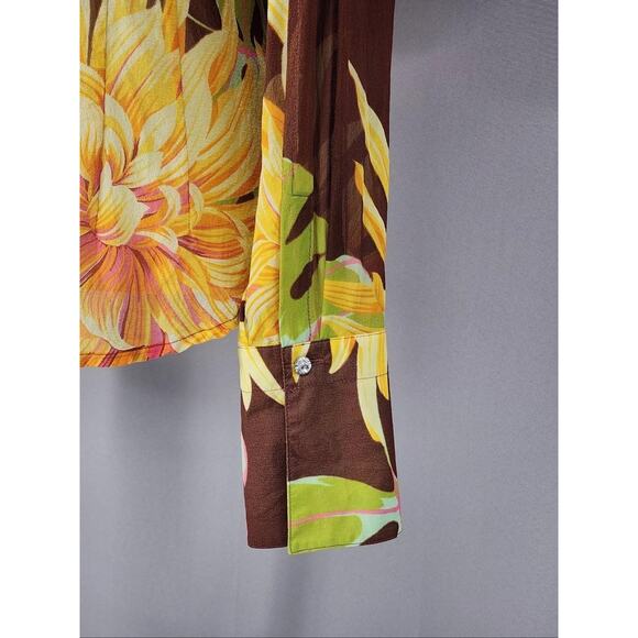 Body By Victoria Secrets Shirt Medium Brown Yellow Silk Floral Button Top Groovy - Picture 10 of 15